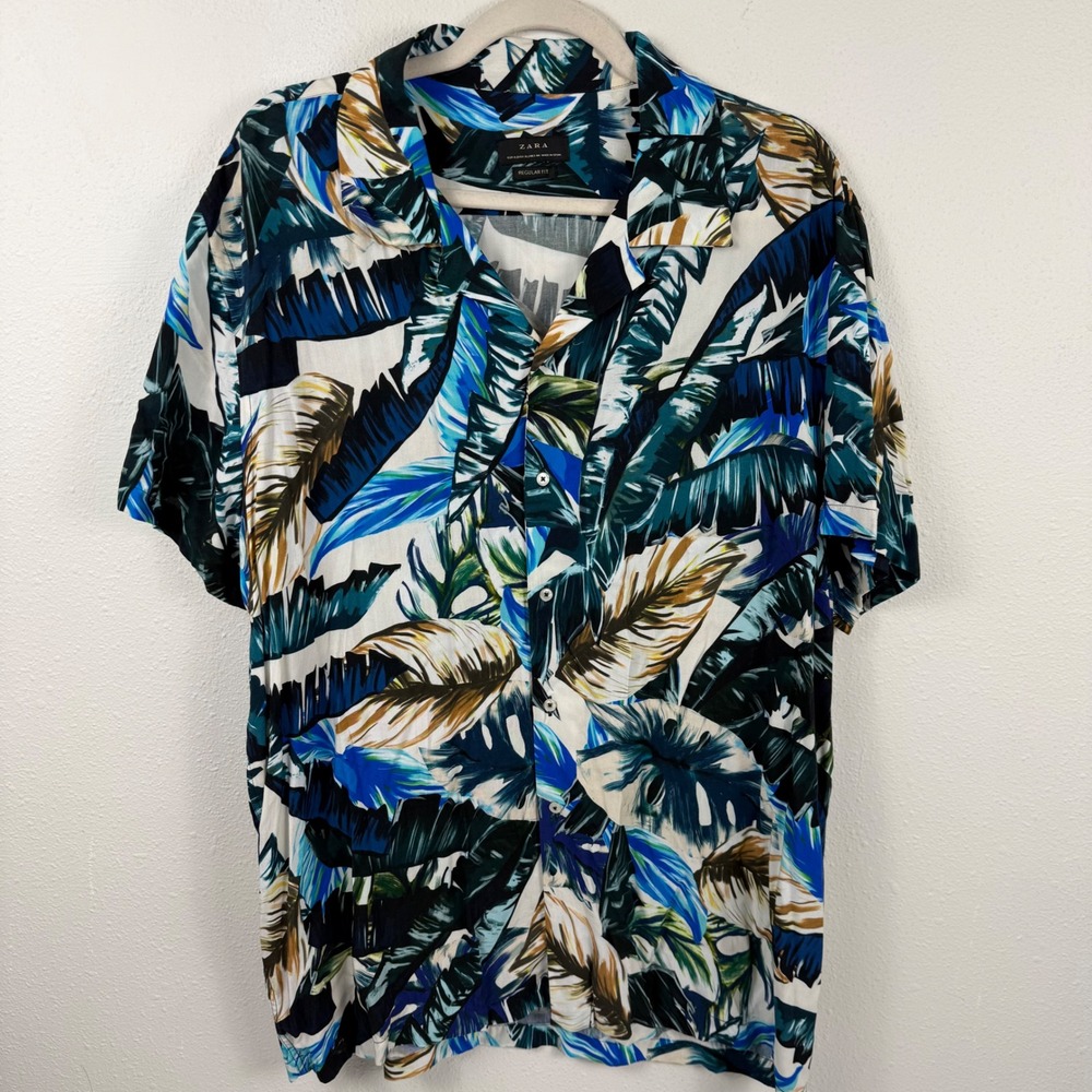 Zara Mens XL Tropical Palm Leaf‎ Print Short Sleeve Button Up Camp Shirt Blue